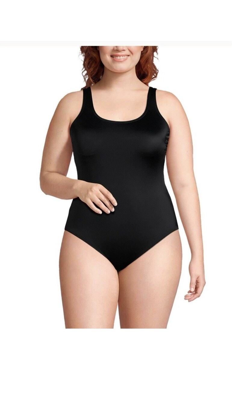 NEW Lands’ End Black High Leg Tugless Soft Cup One Piece Swimsuit, Women 22W